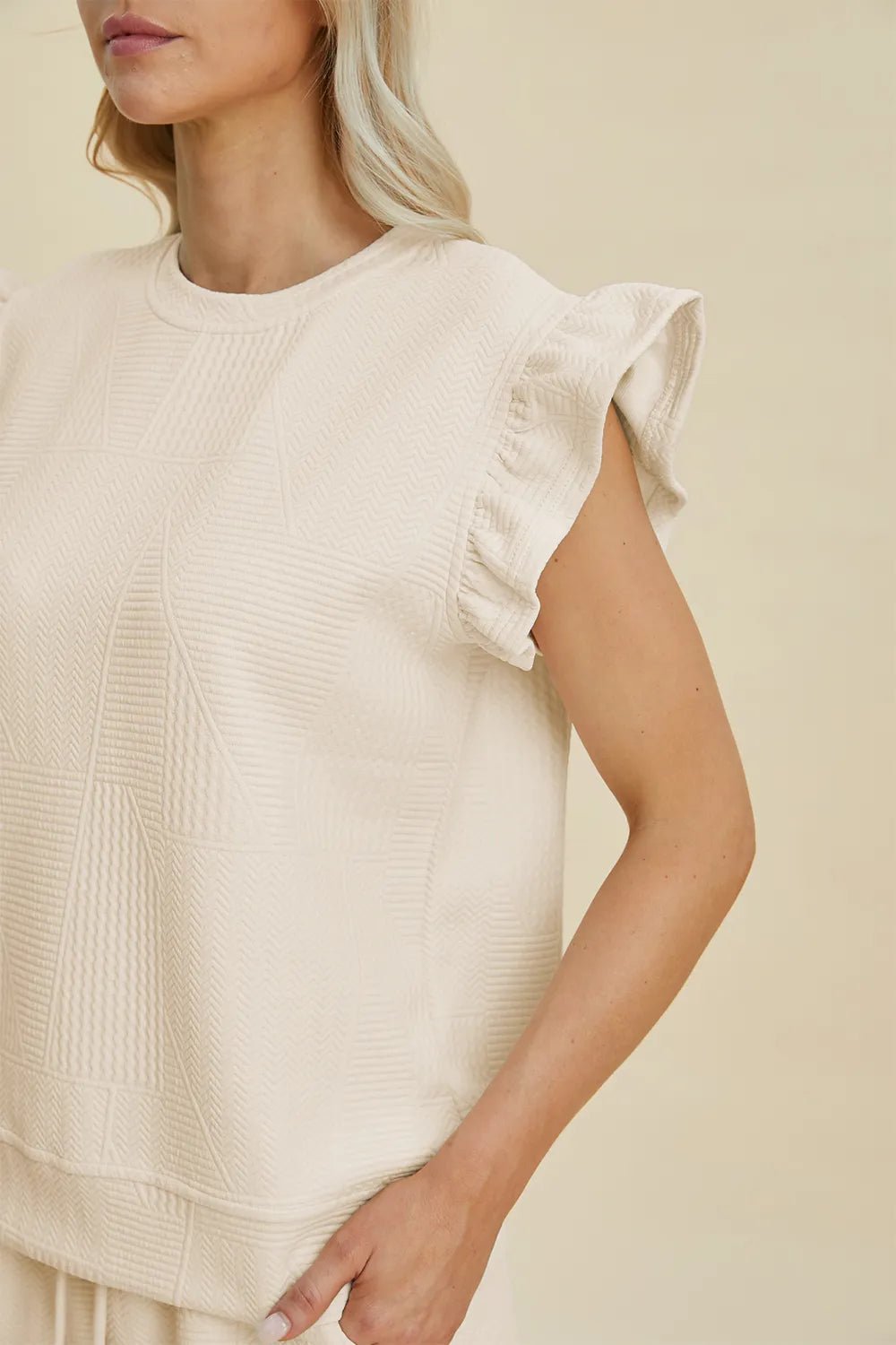 Double Take Full Size Texture Round Neck Ruffle Sleeve Top and Shorts Set - Rooted & Reckless Co.