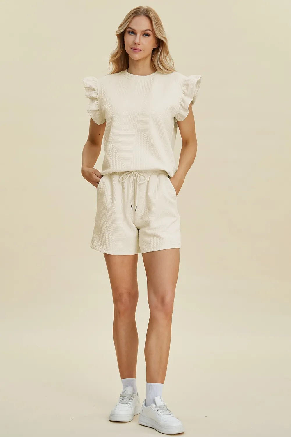 Double Take Full Size Texture Round Neck Ruffle Sleeve Top and Shorts Set - Rooted & Reckless Co.