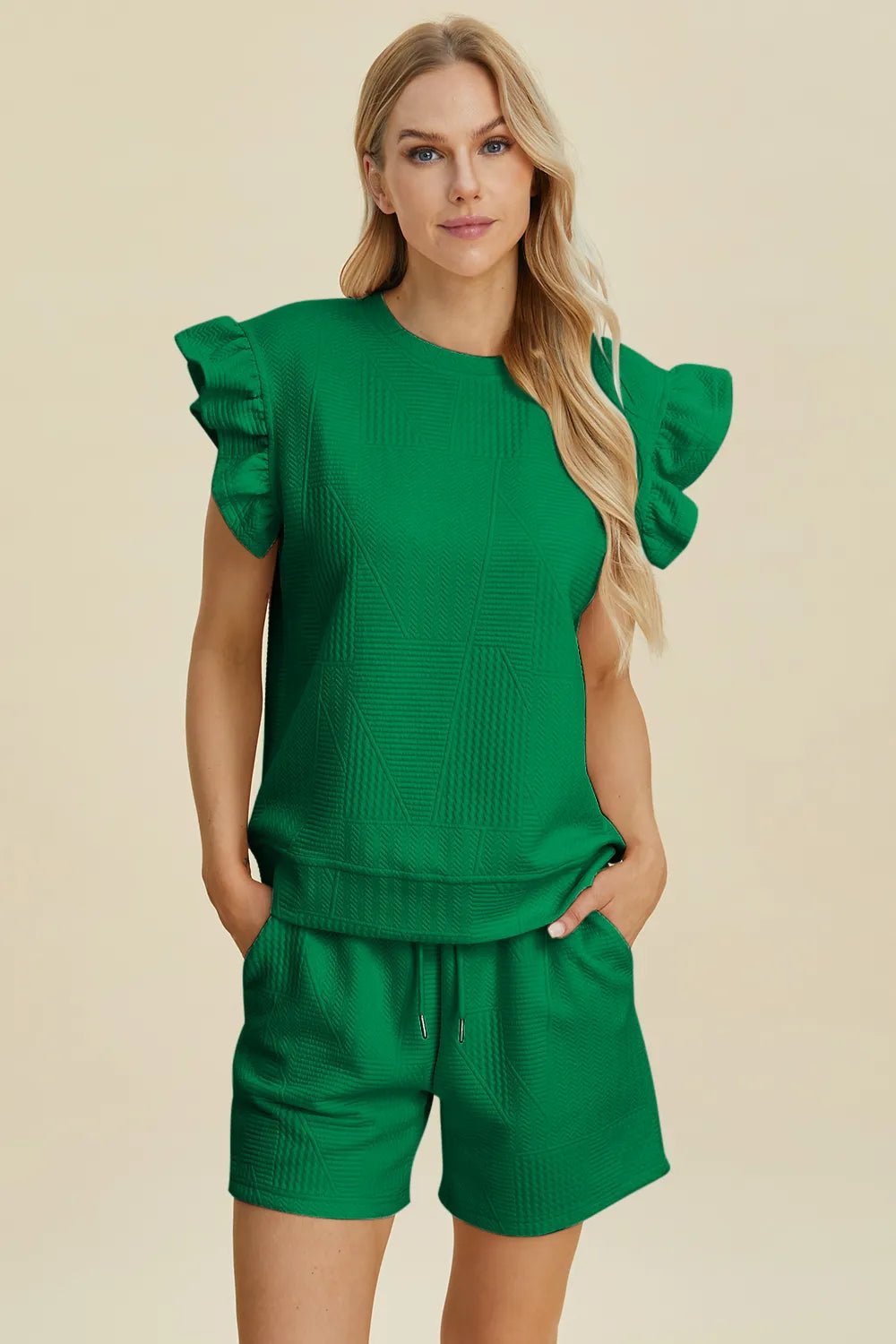 Double Take Full Size Texture Round Neck Ruffle Sleeve Top and Shorts Set - Rooted & Reckless Co.