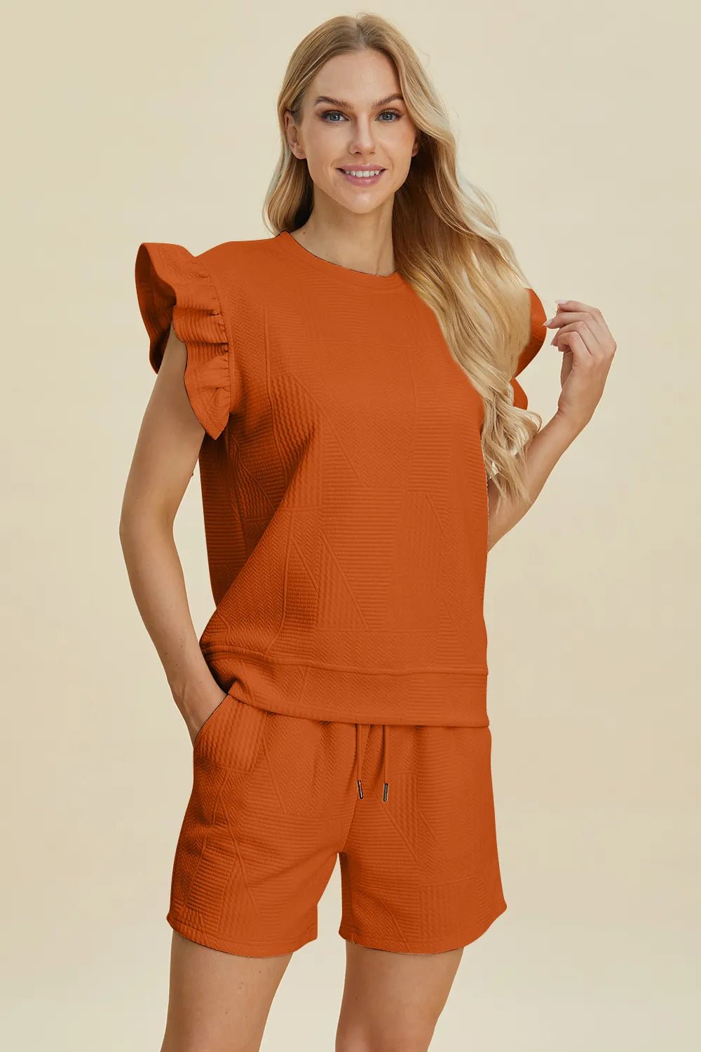 Double Take Full Size Texture Round Neck Ruffle Sleeve Top and Shorts Set - Rooted & Reckless Co.