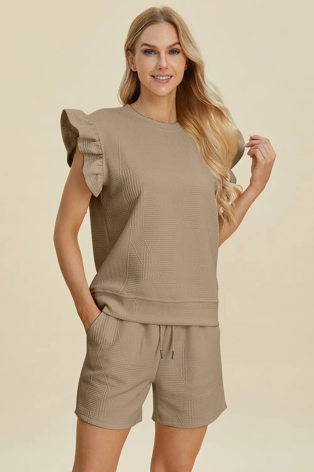 Double Take Full Size Texture Round Neck Ruffle Sleeve Top and Shorts Set - Rooted & Reckless Co.