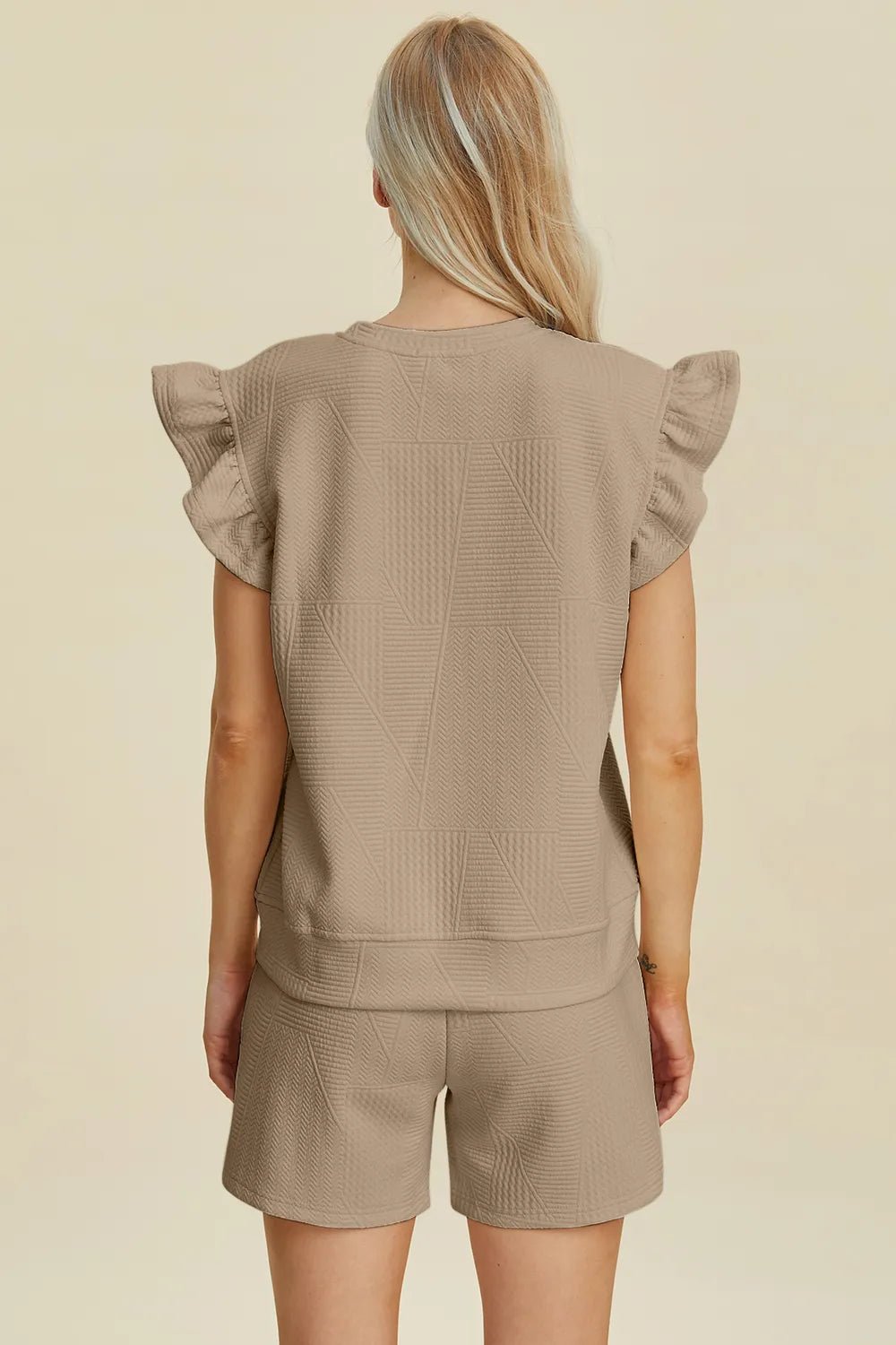 Double Take Full Size Texture Round Neck Ruffle Sleeve Top and Shorts Set - Rooted & Reckless Co.