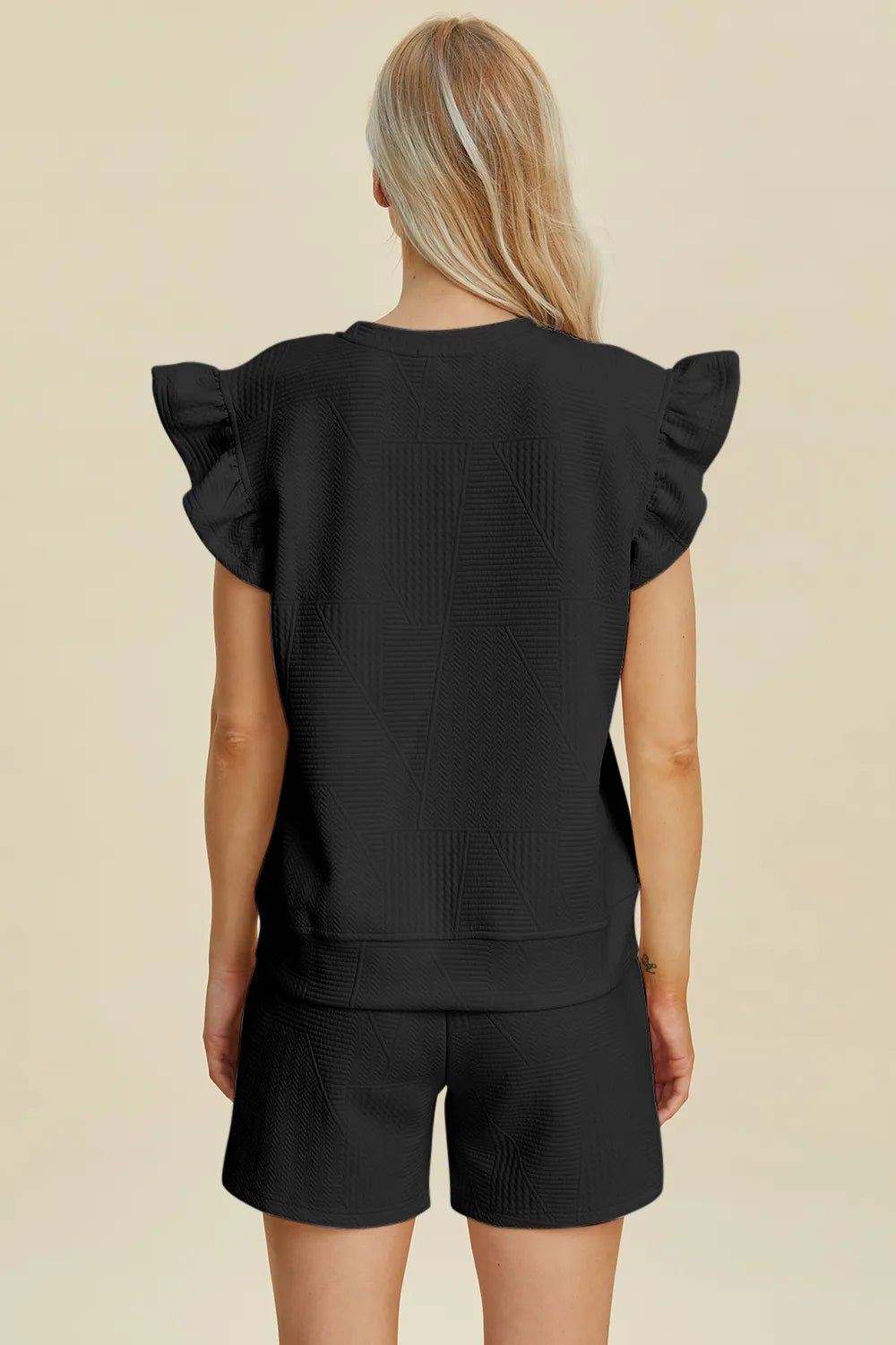 Double Take Full Size Texture Round Neck Ruffle Sleeve Top and Shorts Set - Rooted & Reckless Co.
