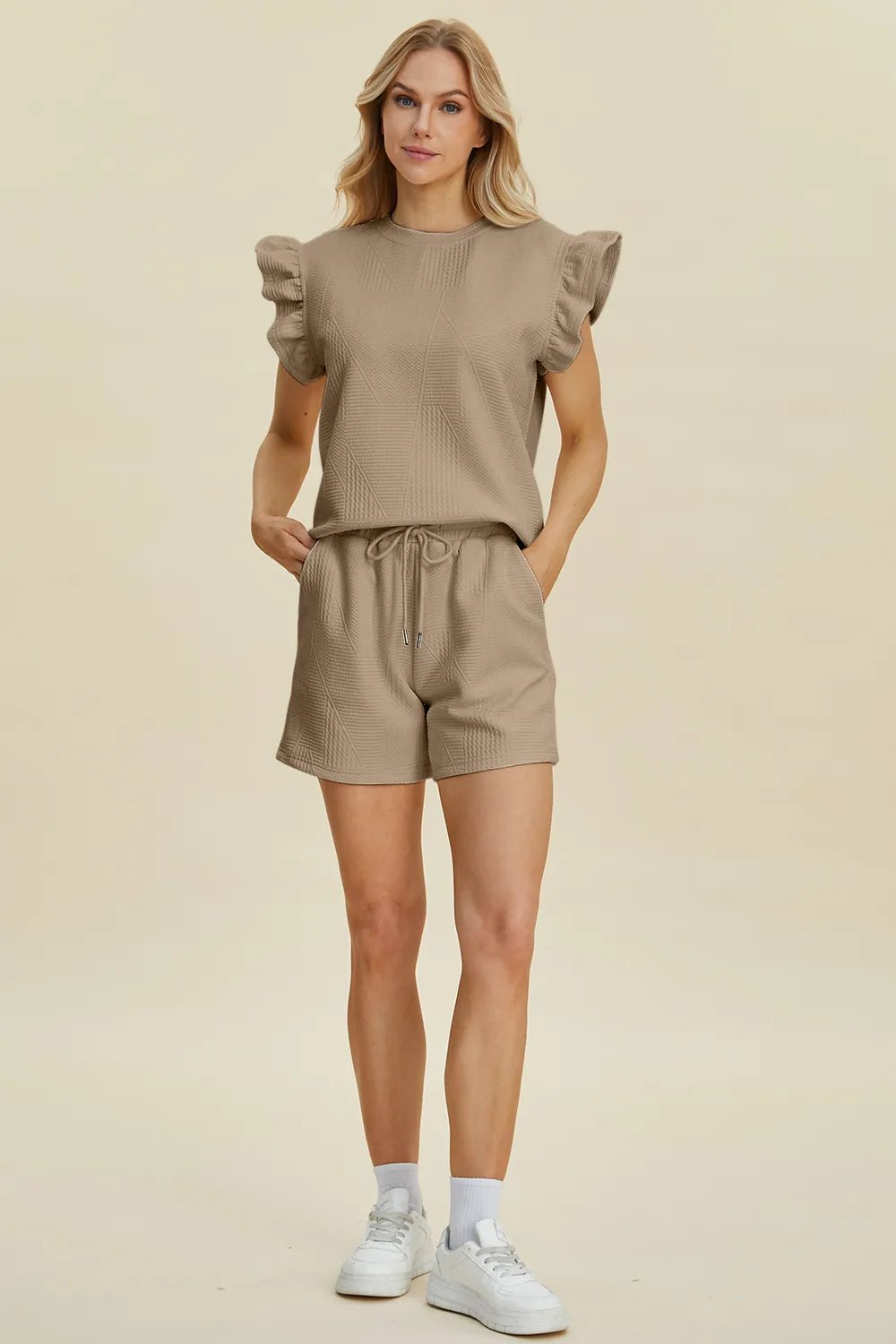 Double Take Full Size Texture Round Neck Ruffle Sleeve Top and Shorts Set - Rooted & Reckless Co.