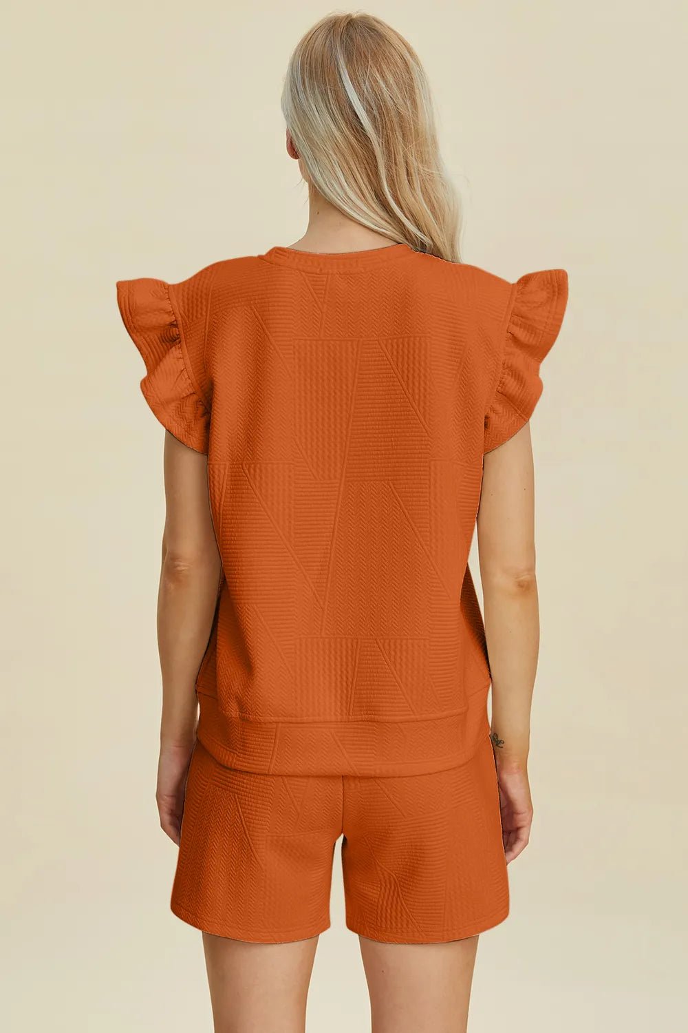 Double Take Full Size Texture Round Neck Ruffle Sleeve Top and Shorts Set - Rooted & Reckless Co.