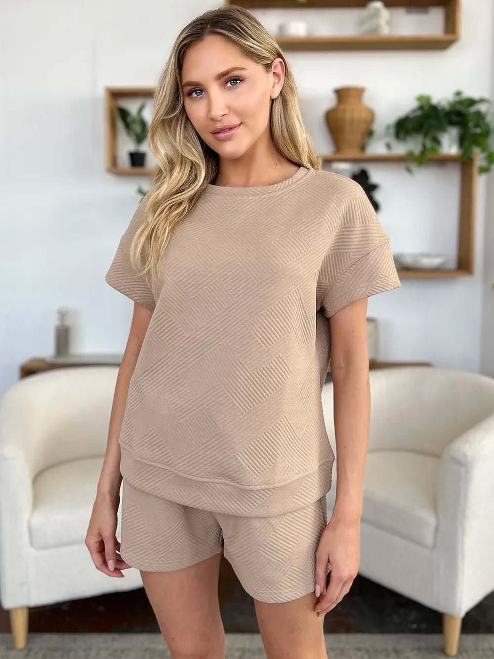 Double Take Full Size Texture Short Sleeve T-Shirt and Drawstring Shorts Set - Rooted & Reckless Co.