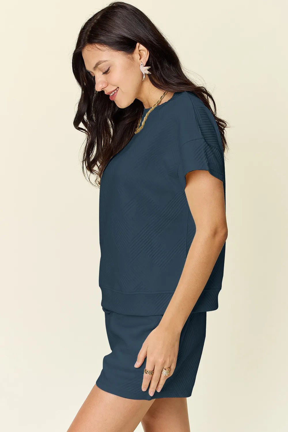 Double Take Full Size Texture Short Sleeve T-Shirt and Drawstring Shorts Set - Rooted & Reckless Co.