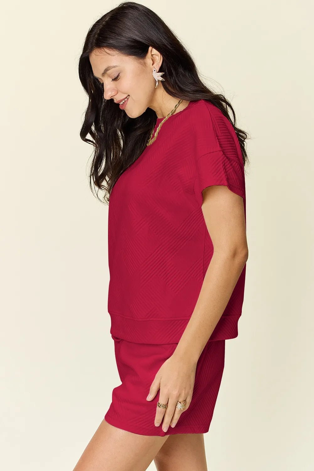 Double Take Full Size Texture Short Sleeve T-Shirt and Drawstring Shorts Set - Rooted & Reckless Co.