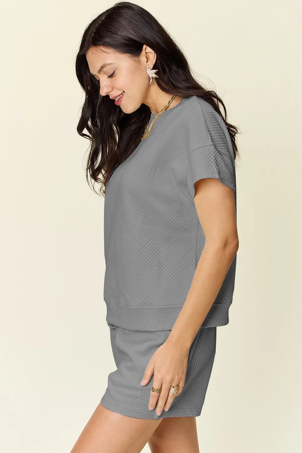 Double Take Full Size Texture Short Sleeve T-Shirt and Drawstring Shorts Set - Rooted & Reckless Co.