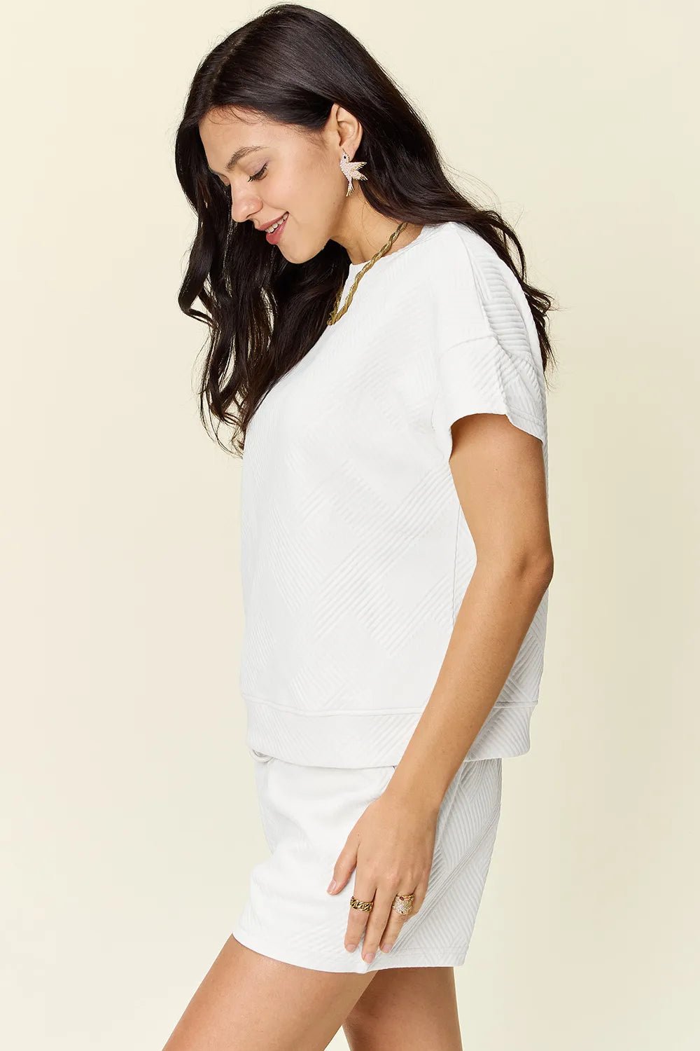 Double Take Full Size Texture Short Sleeve T-Shirt and Drawstring Shorts Set - Rooted & Reckless Co.