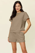 Double Take Full Size Texture Short Sleeve T-Shirt and Drawstring Shorts Set - Rooted & Reckless Co.