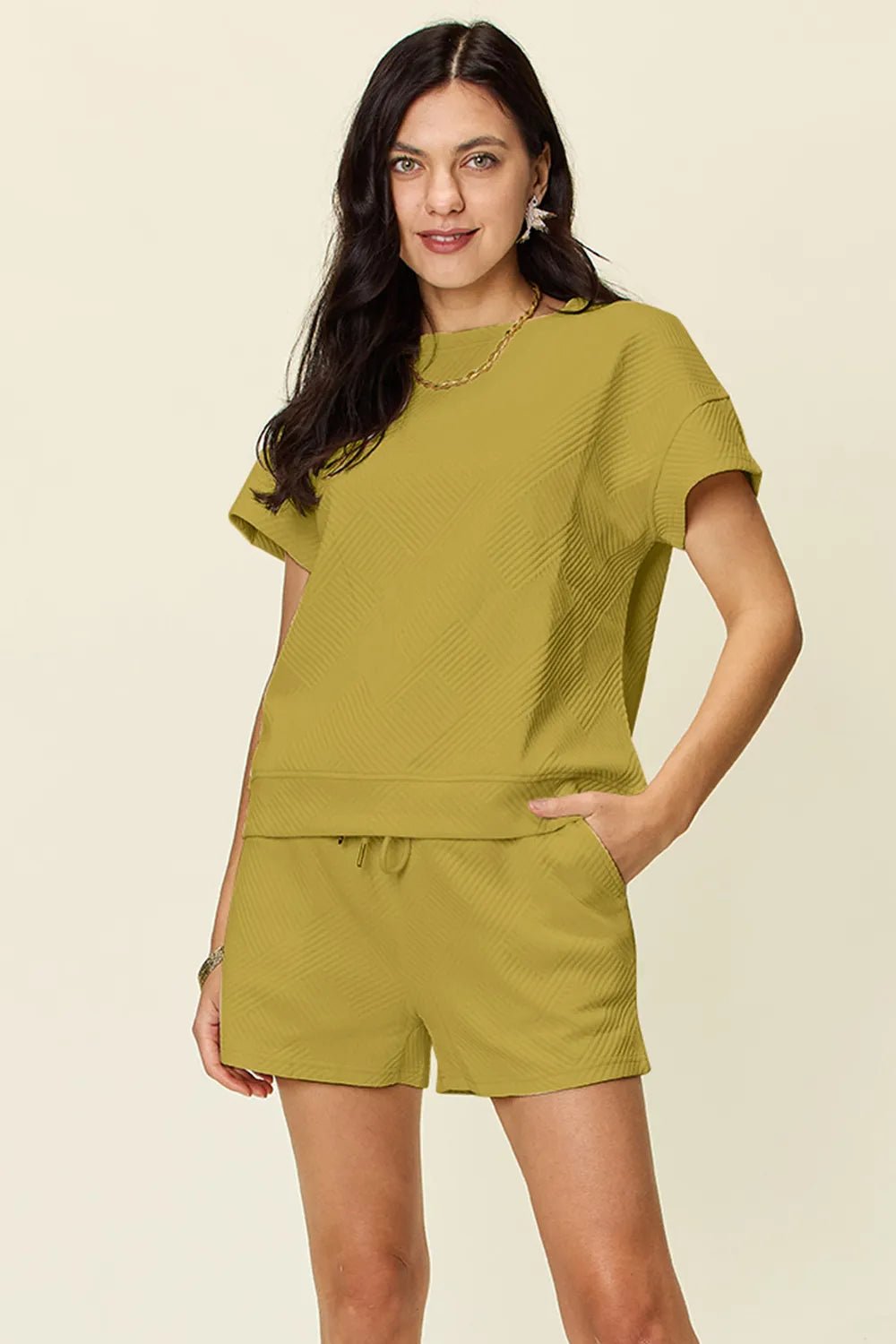 Double Take Full Size Texture Short Sleeve T-Shirt and Drawstring Shorts Set - Rooted & Reckless Co.