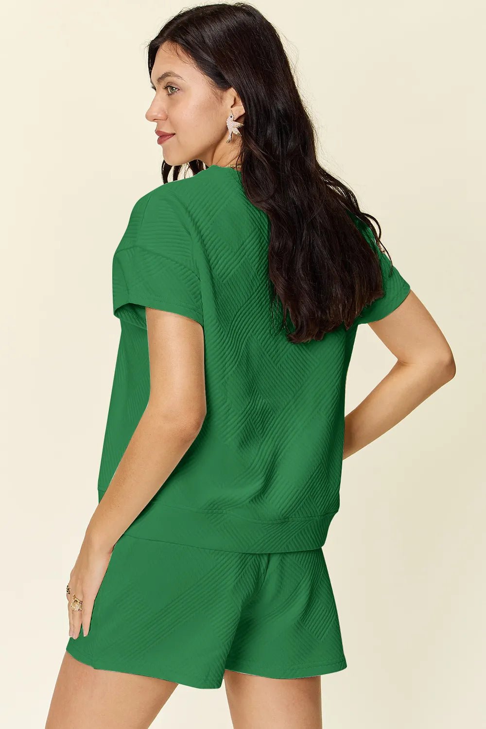 Double Take Full Size Texture Short Sleeve T-Shirt and Drawstring Shorts Set - Rooted & Reckless Co.