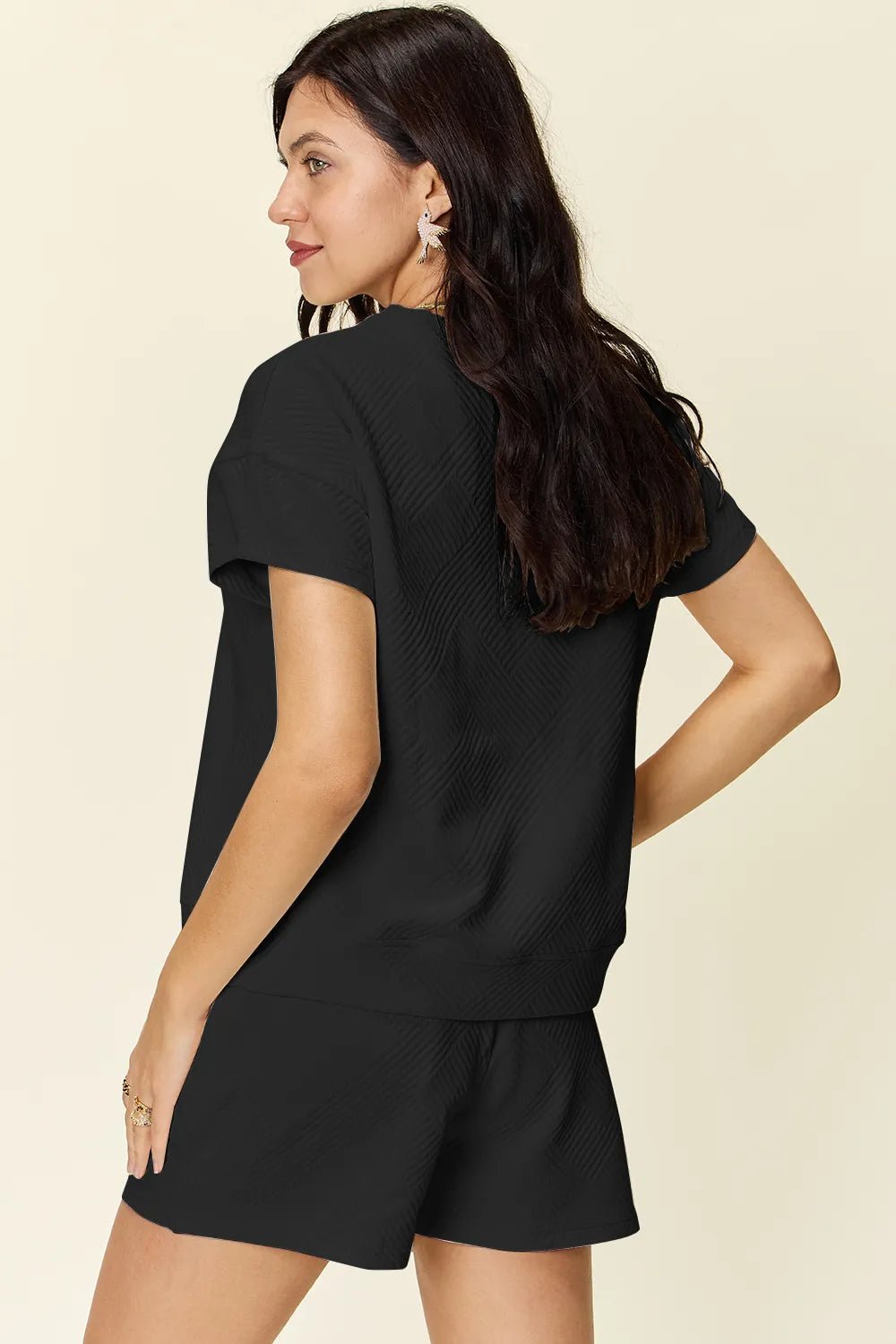 Double Take Full Size Texture Short Sleeve T-Shirt and Drawstring Shorts Set - Rooted & Reckless Co.
