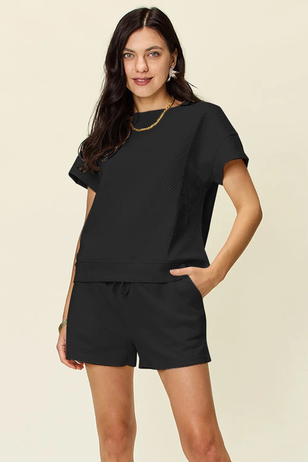 Double Take Full Size Texture Short Sleeve T-Shirt and Drawstring Shorts Set - Rooted & Reckless Co.