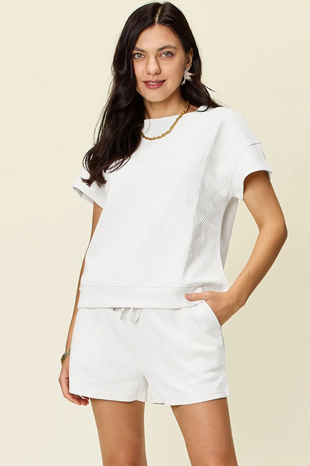 Double Take Full Size Texture Short Sleeve T-Shirt and Drawstring Shorts Set - Rooted & Reckless Co.