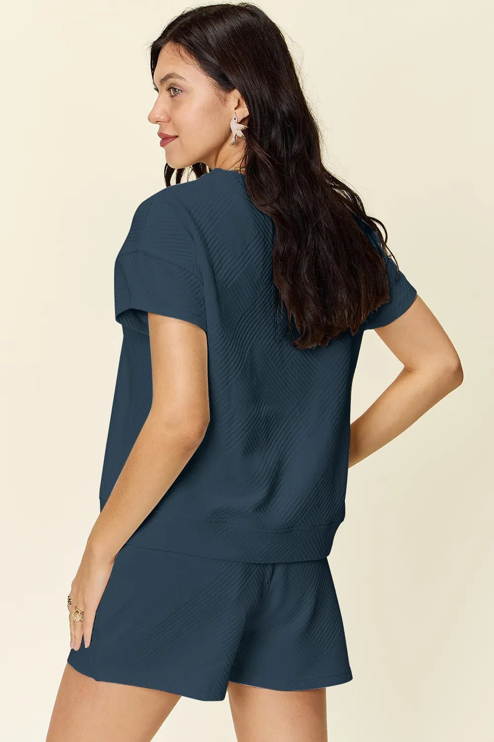 Double Take Full Size Texture Short Sleeve T-Shirt and Drawstring Shorts Set - Rooted & Reckless Co.