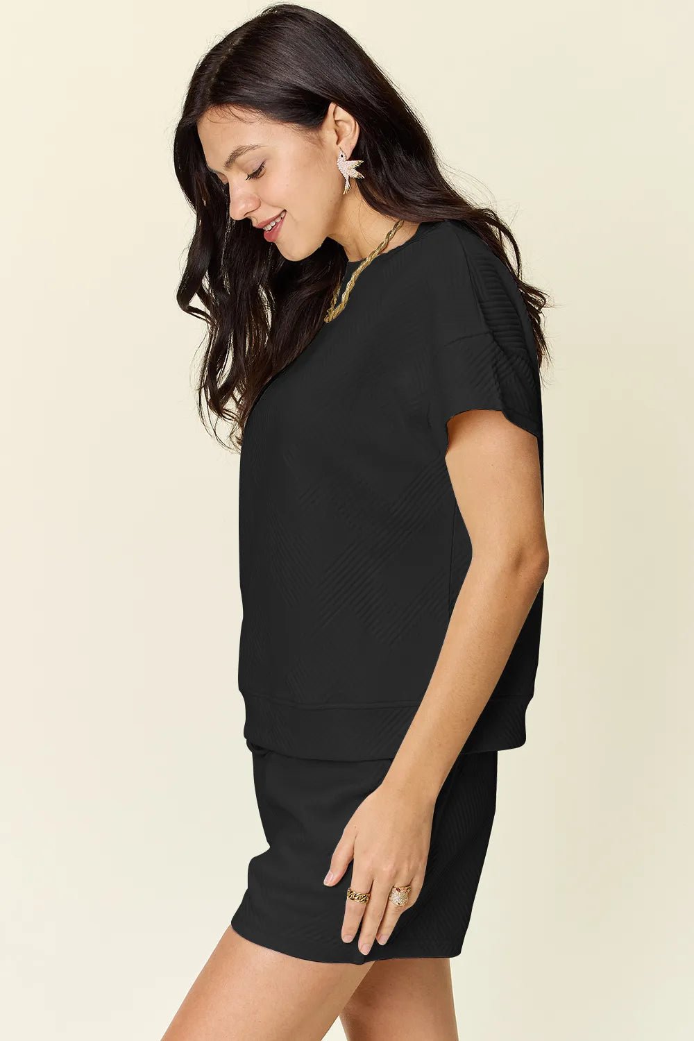 Double Take Full Size Texture Short Sleeve T-Shirt and Drawstring Shorts Set - Rooted & Reckless Co.