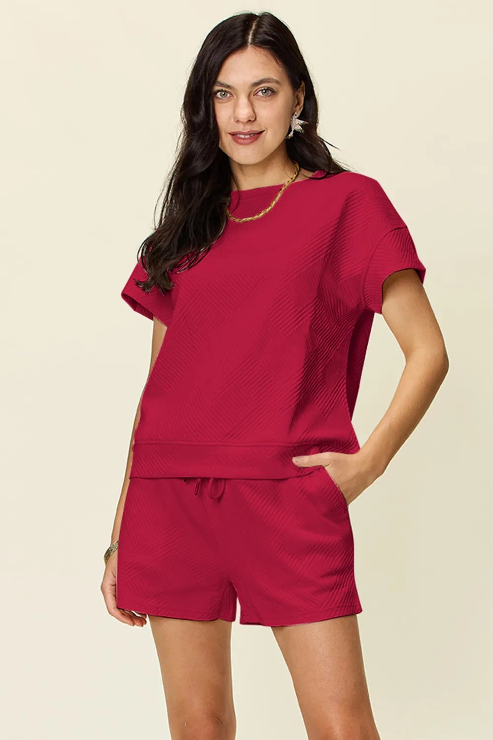 Double Take Full Size Texture Short Sleeve T-Shirt and Drawstring Shorts Set - Rooted & Reckless Co.