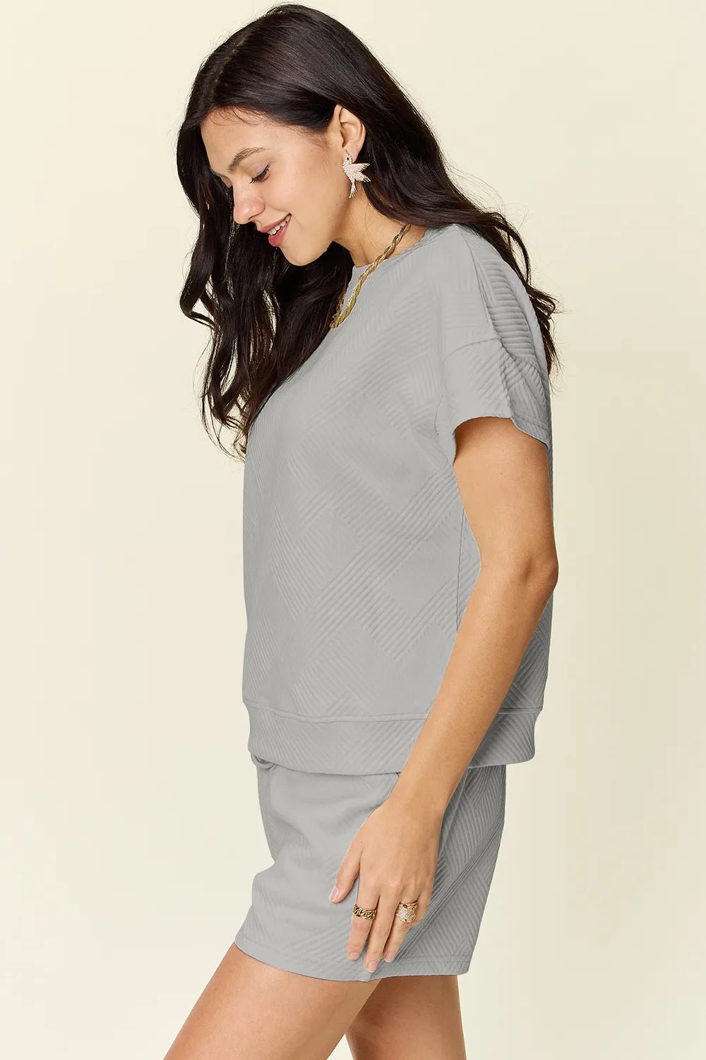 Double Take Full Size Texture Short Sleeve T-Shirt and Drawstring Shorts Set - Rooted & Reckless Co.