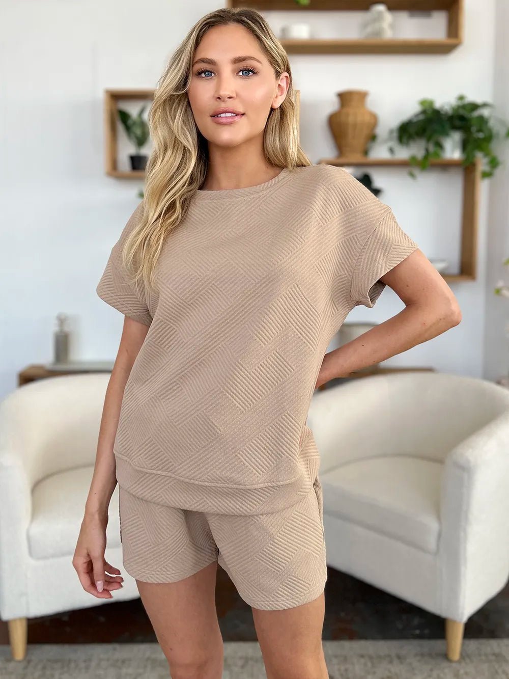 Double Take Full Size Texture Short Sleeve T-Shirt and Drawstring Shorts Set - Rooted & Reckless Co.
