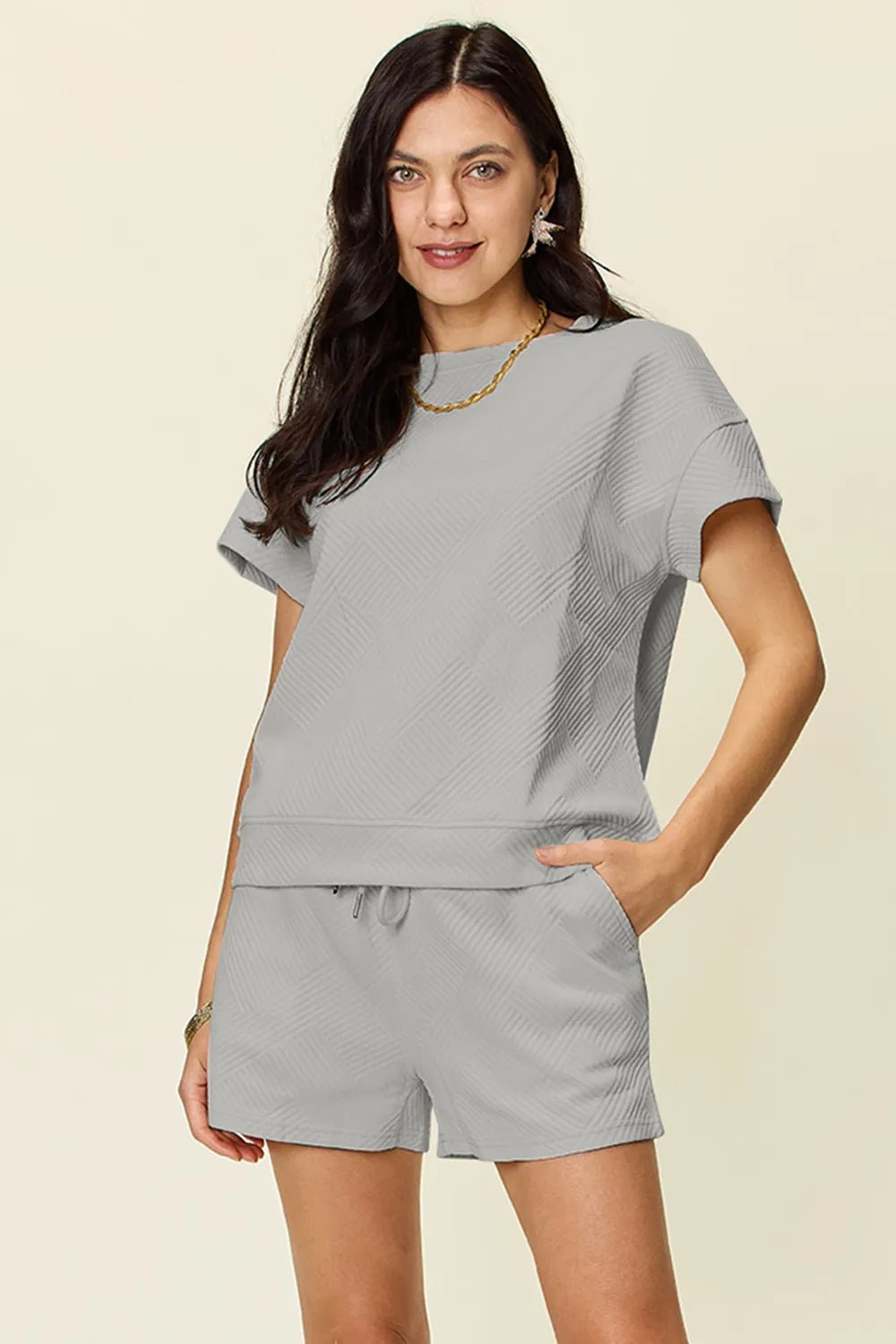 Double Take Full Size Texture Short Sleeve T-Shirt and Drawstring Shorts Set - Rooted & Reckless Co.