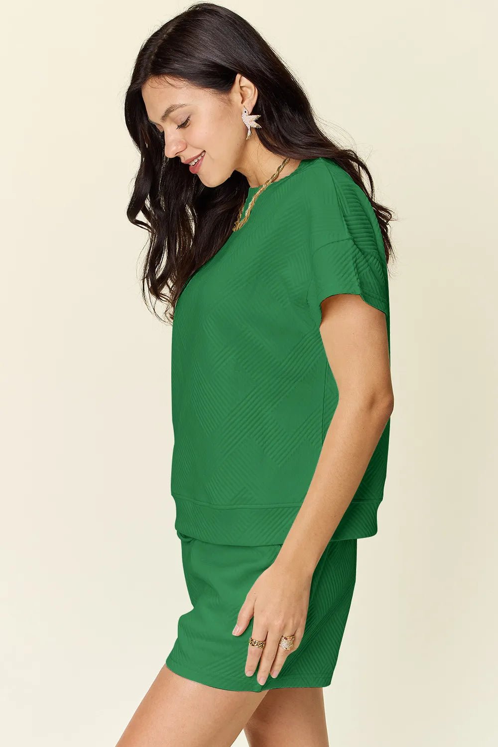 Double Take Full Size Texture Short Sleeve T-Shirt and Drawstring Shorts Set - Rooted & Reckless Co.