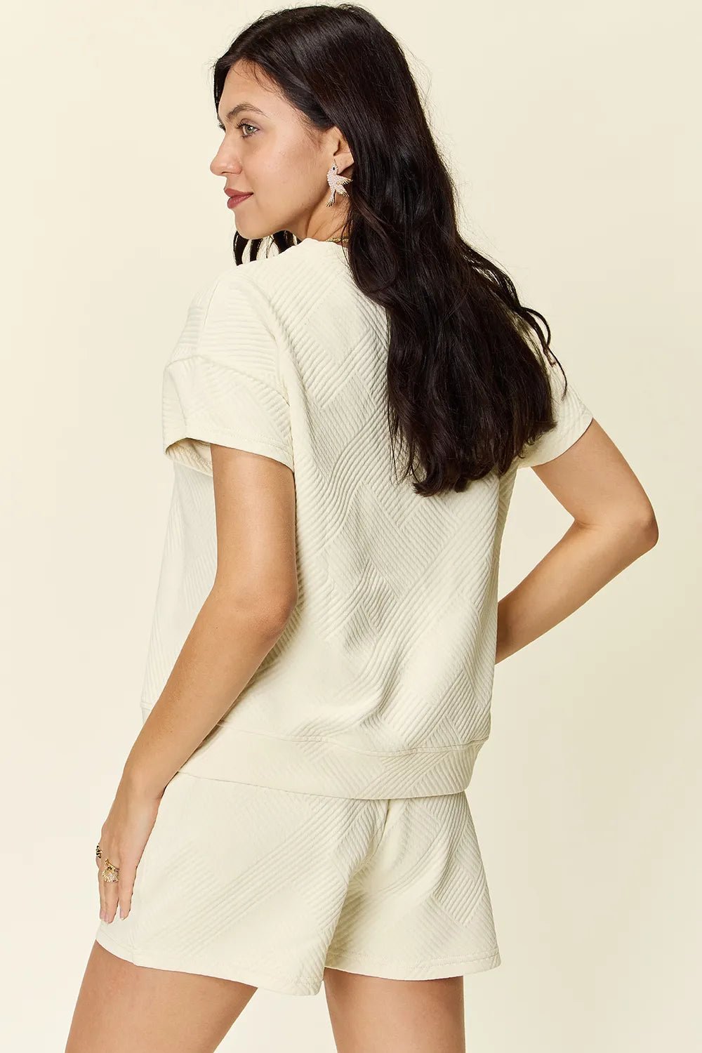 Double Take Full Size Texture Short Sleeve T-Shirt and Drawstring Shorts Set - Rooted & Reckless Co.