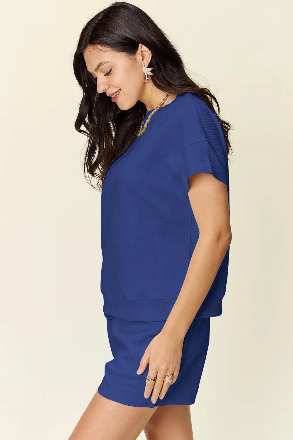 Double Take Full Size Texture Short Sleeve T-Shirt and Drawstring Shorts Set - Rooted & Reckless Co.
