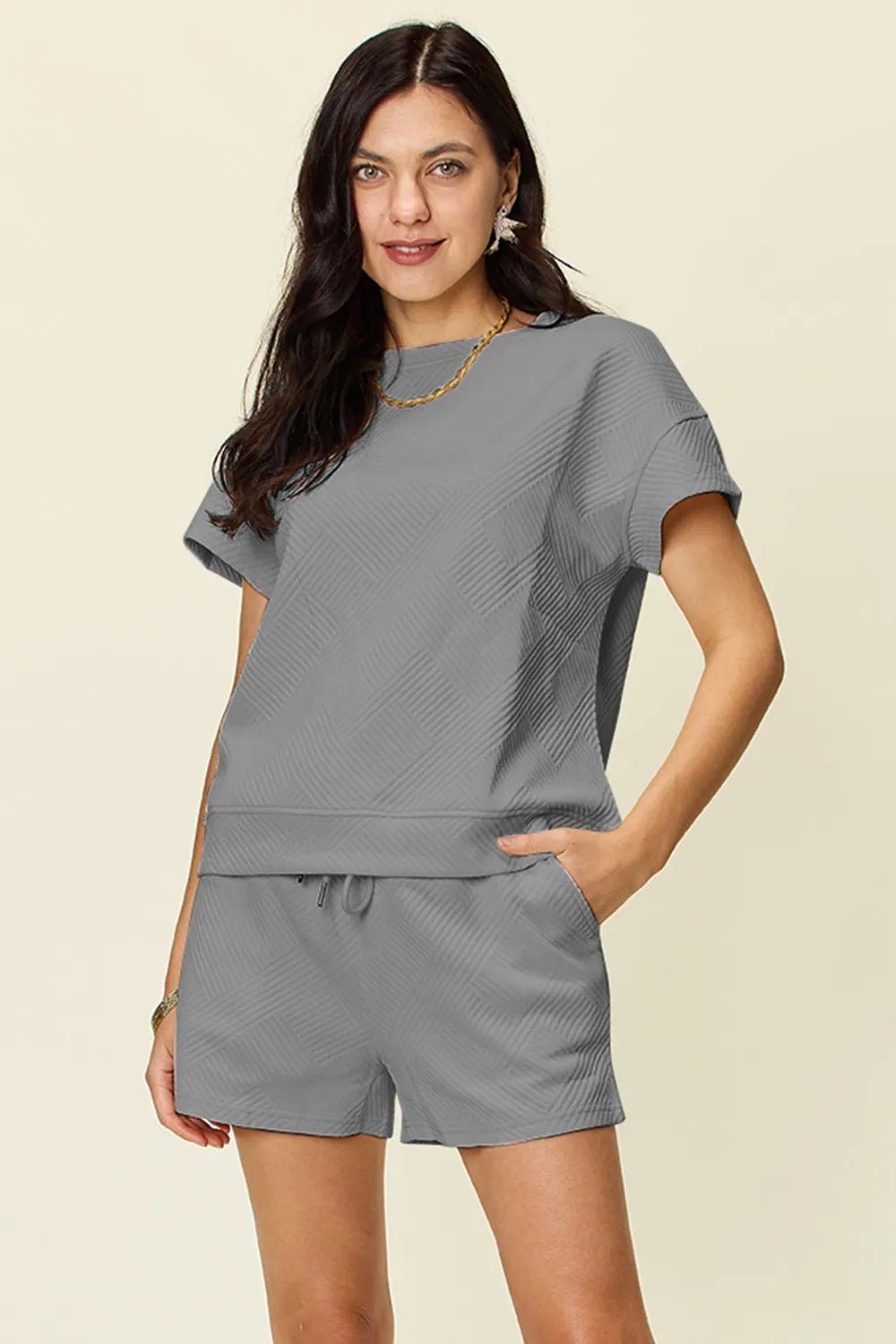 Double Take Full Size Texture Short Sleeve T-Shirt and Drawstring Shorts Set - Rooted & Reckless Co.