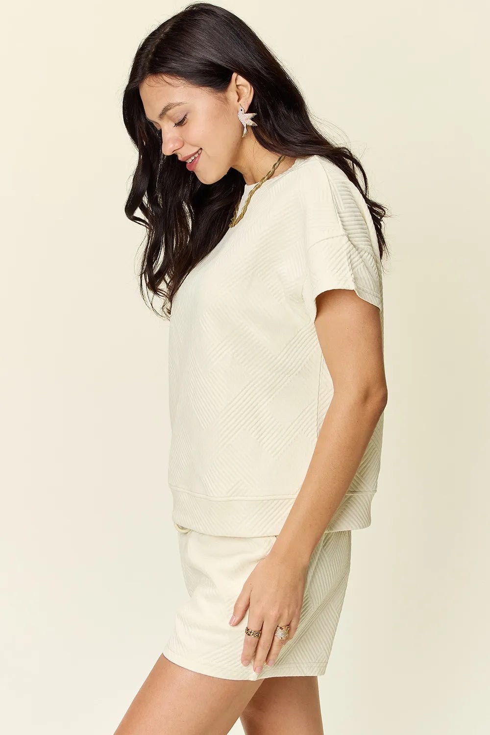 Double Take Full Size Texture Short Sleeve T-Shirt and Drawstring Shorts Set - Rooted & Reckless Co.