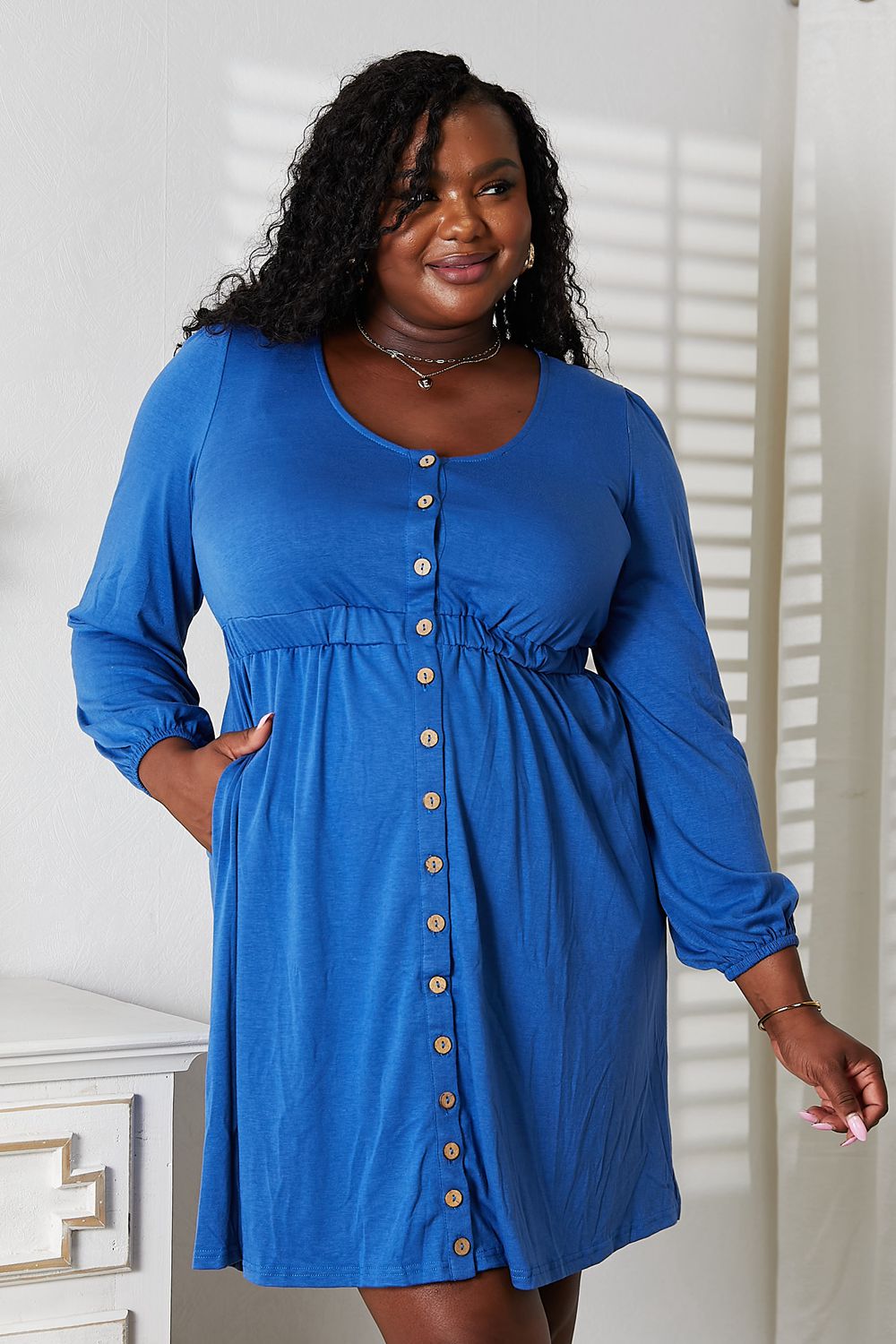 Double Take Scoop Neck Empire Waist Long Sleeve Magic Dress - Rooted & Reckless Co.