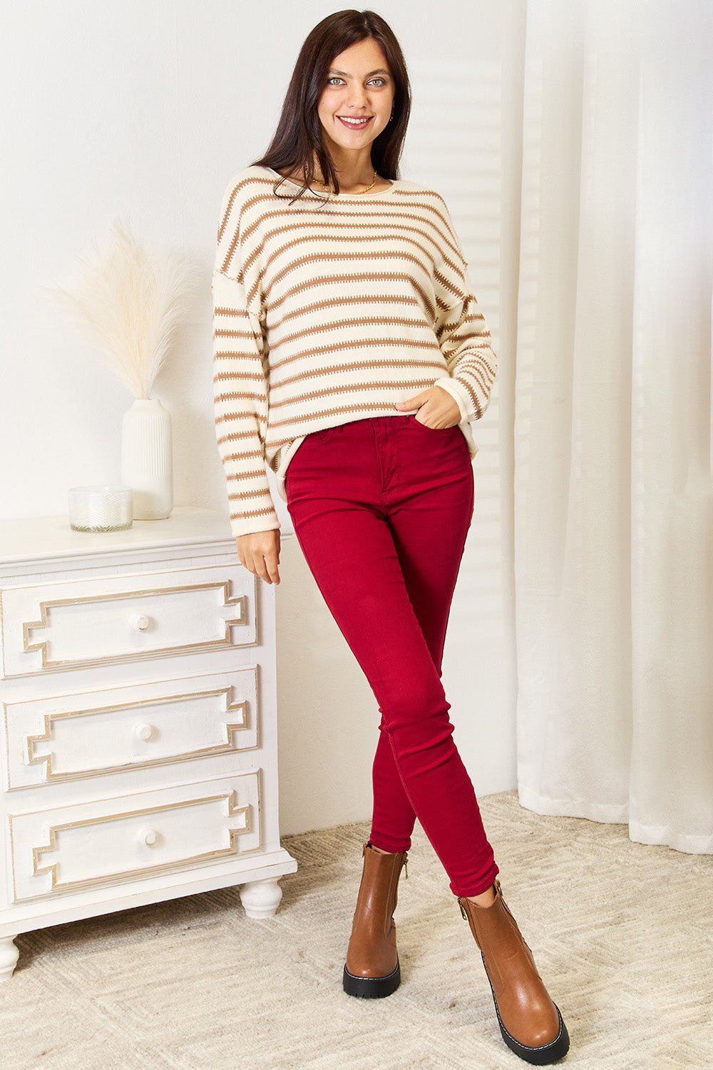 Double Take Striped Boat Neck Sweater - Rooted & Reckless Co.