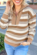 Stripe Half-Zip Collared Patchwork Long Sleeve Sweatshirt