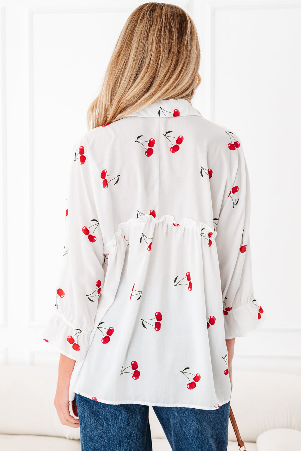 Cherry Frilled Collar 3/4 Sleeve Babydoll Blouse