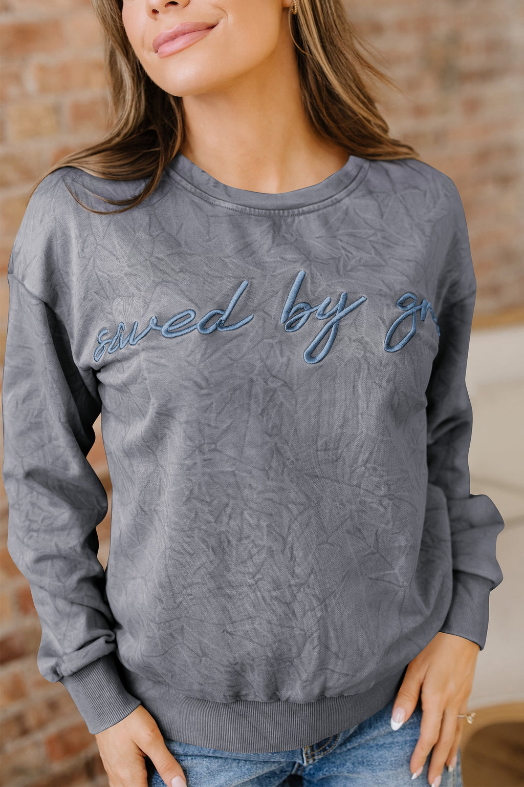 Saved by Grace Embroidered Mineral Wash Loose Sweatshirt