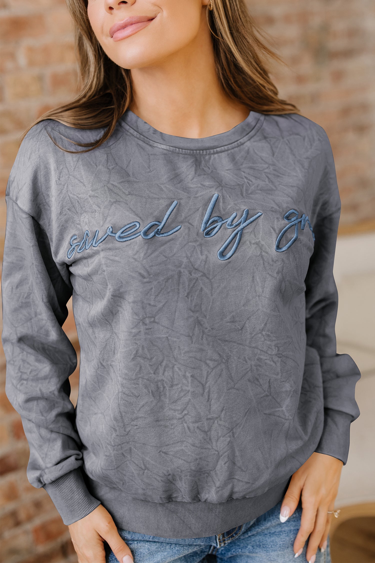 Saved by Grace Embroidered Mineral Wash Loose Sweatshirt