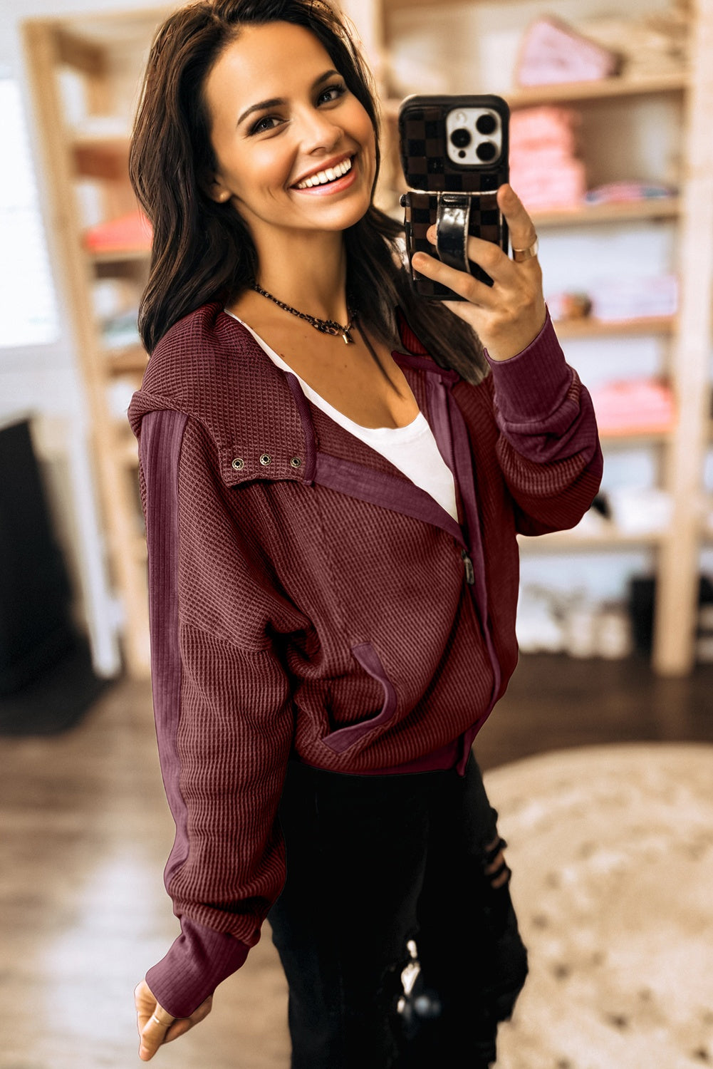 Waffle Zip Up Snap Button Hooded Jacket