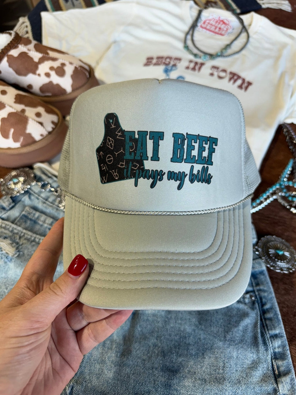 Eat Beef It Pays My Bills Trucker Hat - Rooted & Reckless Co.