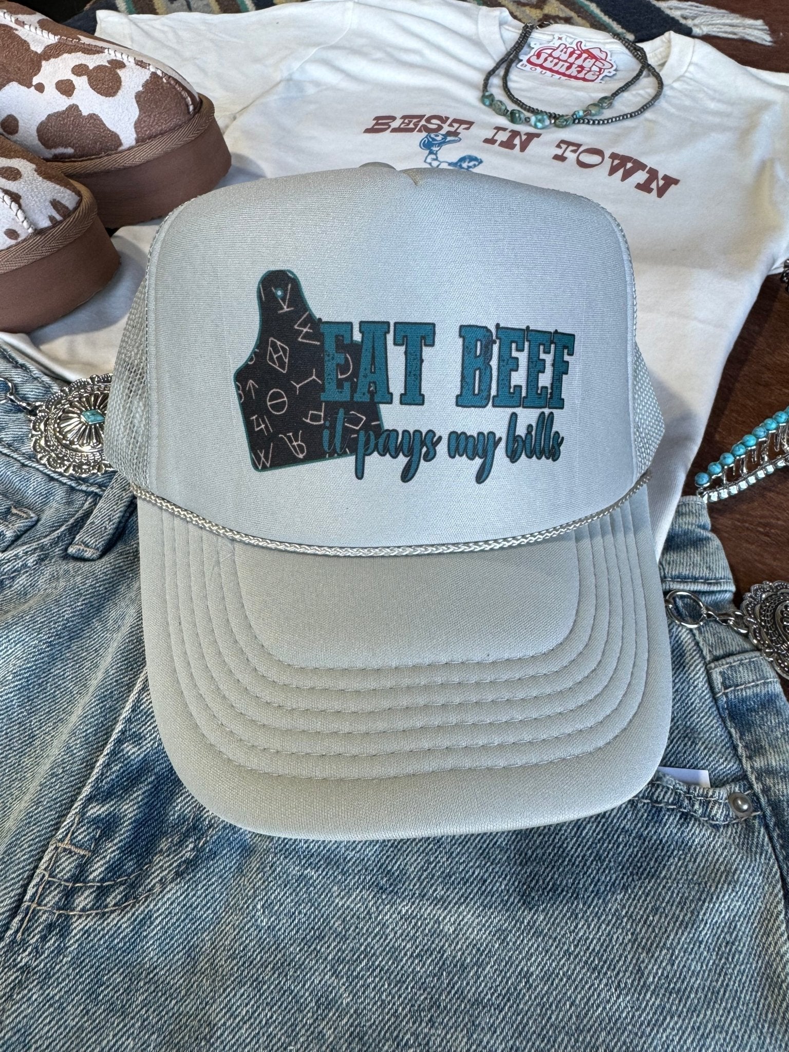 Eat Beef It Pays My Bills Trucker Hat - Rooted & Reckless Co.