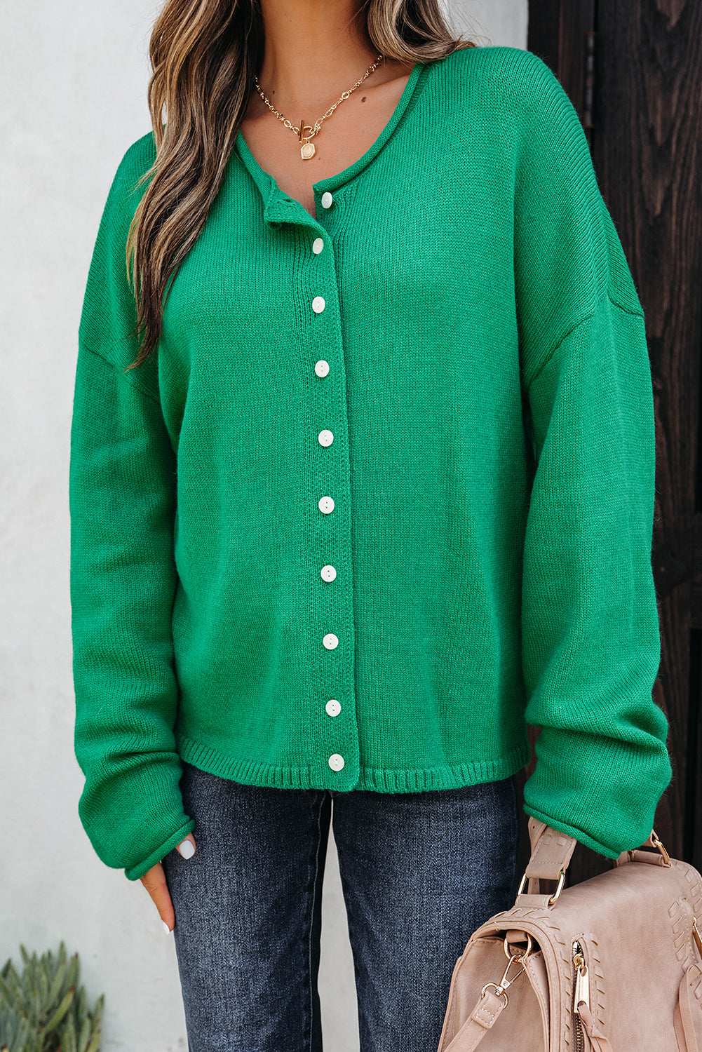 Solid Knit Button-Up Drop Shoulder Sweater Cardigan