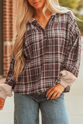 Plaid Quarter-Button Patchwork Long Sleeve Hooded Blouse