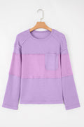 Colorblock Waffle Knit Patchwork Long Sleeve Top