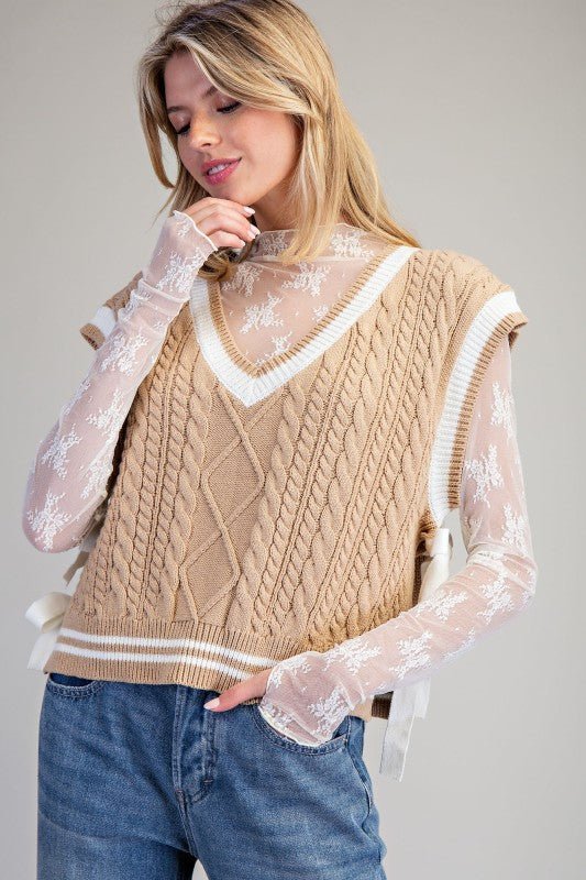 eesome V-Neck Side-Tie Cable Knit Sleeveless Western Sweater Vest — Preppy-Modern Cropped Layering - Rooted & Reckless Co.