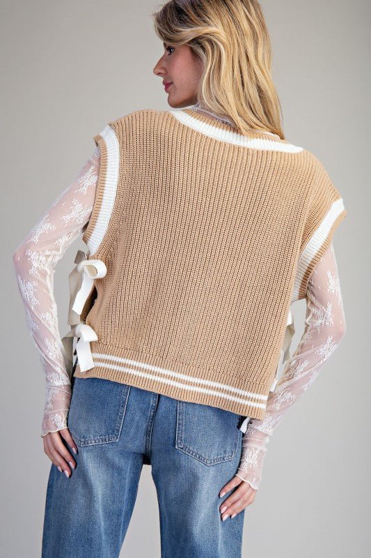 eesome V-Neck Side-Tie Cable Knit Sleeveless Western Sweater Vest — Preppy-Modern Cropped Layering - Rooted & Reckless Co.