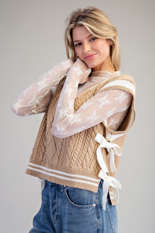 eesome V-Neck Side-Tie Cable Knit Sleeveless Western Sweater Vest — Preppy-Modern Cropped Layering - Rooted & Reckless Co.