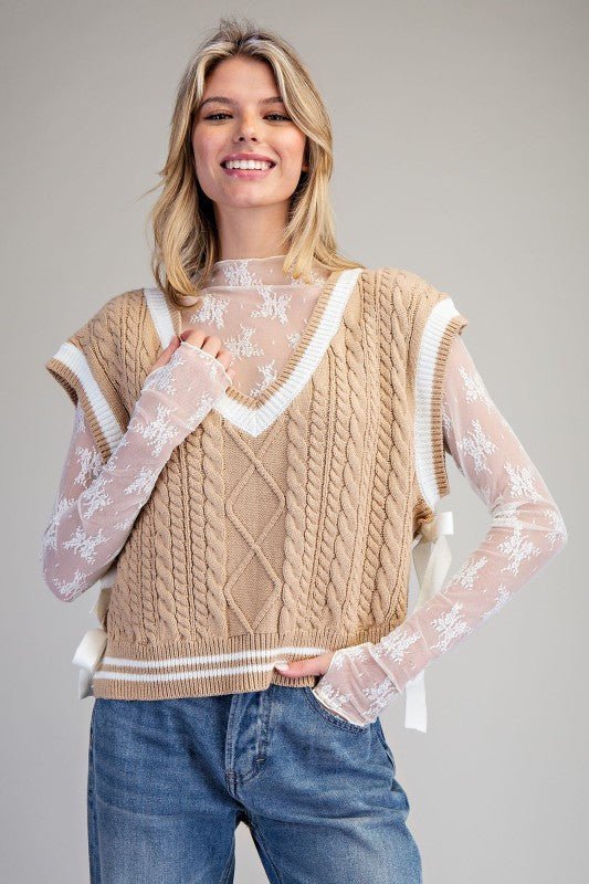 eesome V-Neck Side-Tie Cable Knit Sleeveless Western Sweater Vest — Preppy-Modern Cropped Layering - Rooted & Reckless Co.
