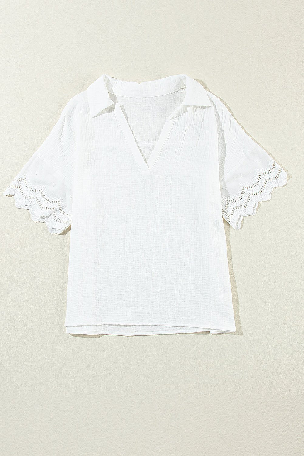Embroidered Eyelet Crinkled Gauze Collared V-Neck Blouse - Rooted & Reckless Co.