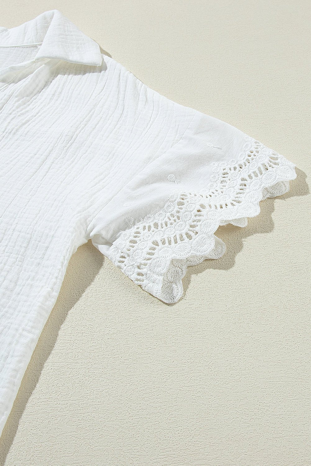 Embroidered Eyelet Crinkled Gauze Collared V-Neck Blouse - Rooted & Reckless Co.