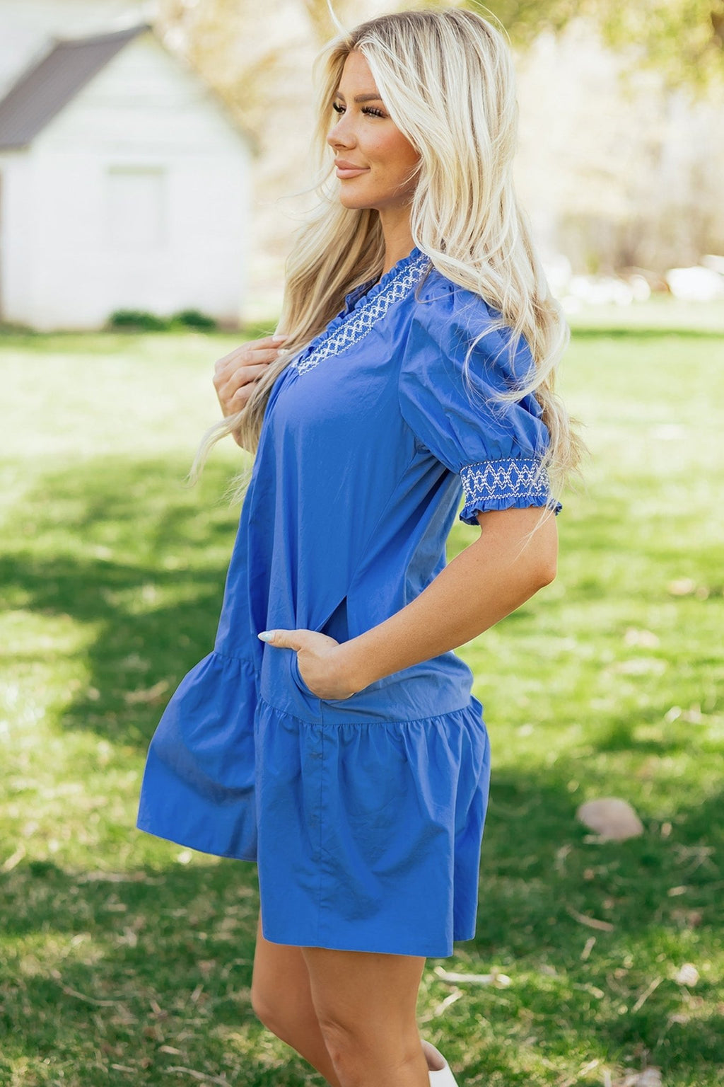 Embroidered Smocked V-Neck Puff Sleeve Mini Dress - Rooted & Reckless Co.